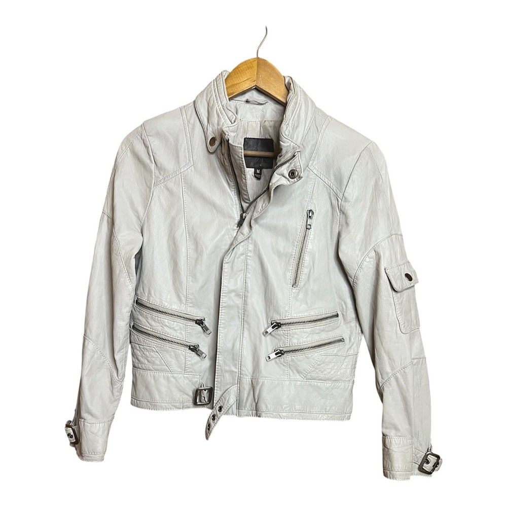 Joie Anthropologie Gray Leather Moto Biker Jacket Women M Zip 100% Lamb Leather